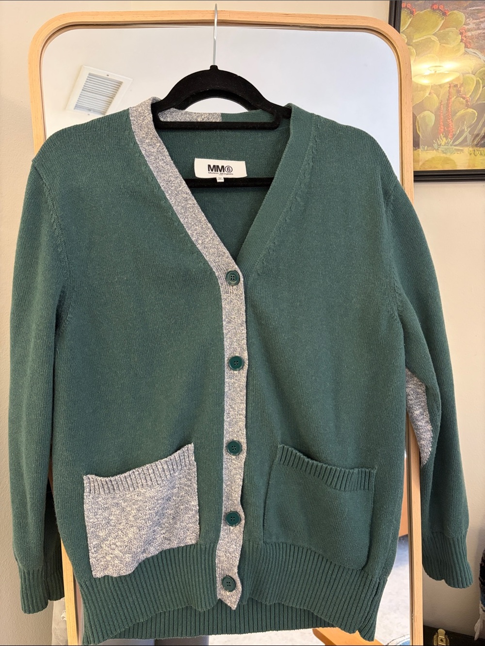 MM6 Maison Margiela Green and Gray Contrast Pocket Cardigan Sweater S
